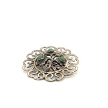 Vintage Sign Sterling JFR Hecho Mexico Floral Bloom Shape Green Turquoise Brooch - £35.72 GBP