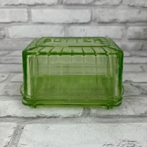 Block Optic Green Depression Vaseline Uranium Glass Covered Butter Dish Vintage - £94.89 GBP