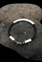 Signed Mexico Taxco Sterling Silver Black Leather Mens Womens Bracelet 8&quot; - £32.16 GBP