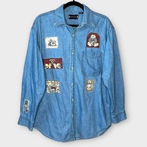 VINTAGE chambray button down shirt with cat patches fits size XL crazy cat lady - £26.78 GBP