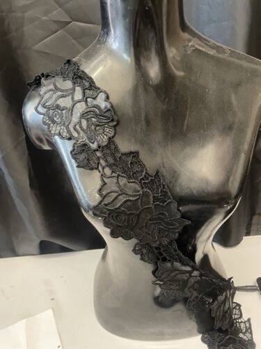 embroidered  Black Faux Leather Mesh Lace Floral Unique Trim3.5” Per Yard - $6.52