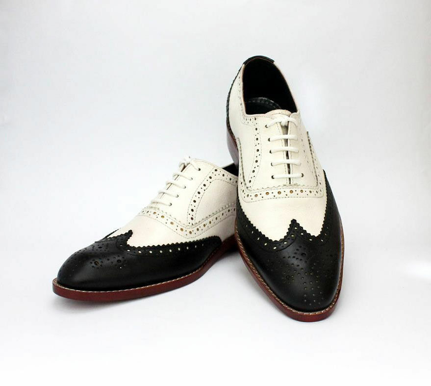 Men Wingtip Oxford Black White Contrast Brogue Toe Leather Lace up Shoes US 7-16