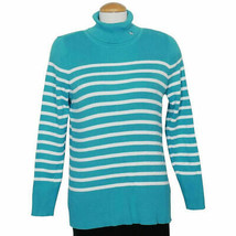 RALPH LAUREN Turquoise Blue White Striped Cotton Logo Rib Turtleneck Swe... - $49.99