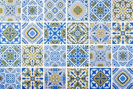 Dundee Deco MGBHAZ-92662A Geometric Aegean Blue Gold White Shapes in Squares Pee - £35.79 GBP