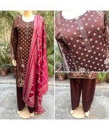 Pakistani Brown &amp; Deep Red straight style Shirt 3-PCS banarsi Lawn Dress,L - £61.79 GBP