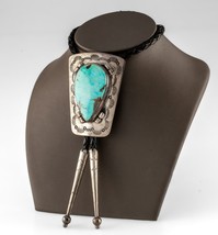 Sterling Silver Trapezoid Plaque Turquoise Bolo Tie with Braided Leather Strap - $594.01