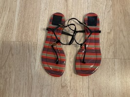 Tory Burch Sandals Women’s Sz 7 1/2 Black Stripes Red Leather Shoes - $37.87