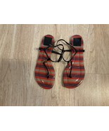 Tory Burch Sandals Women’s Sz 7 1/2 Black Stripes Red Leather Shoes - £30.23 GBP