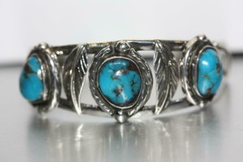 Navajo Design 925 Sterling Mexico Cuff Bangle Bracelet Turquoise Stones Leaves - £145.41 GBP