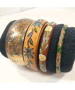 Bracelet Bangle Set 4 Green Cloisonne Wood Floral Silver Ivy Leaf blue d... - $55.84 CAD
