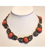 Coral Cabochon Thermoset Choker Necklace Gold Tone Link 1960s  16 Inches - £21.99 GBP