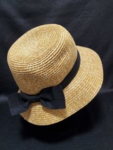 Vintage Sun Straw Hat  Wide Brimmed Hat Black Ribbon Bowknot Beach Hat By Lvaiz - £18.30 GBP