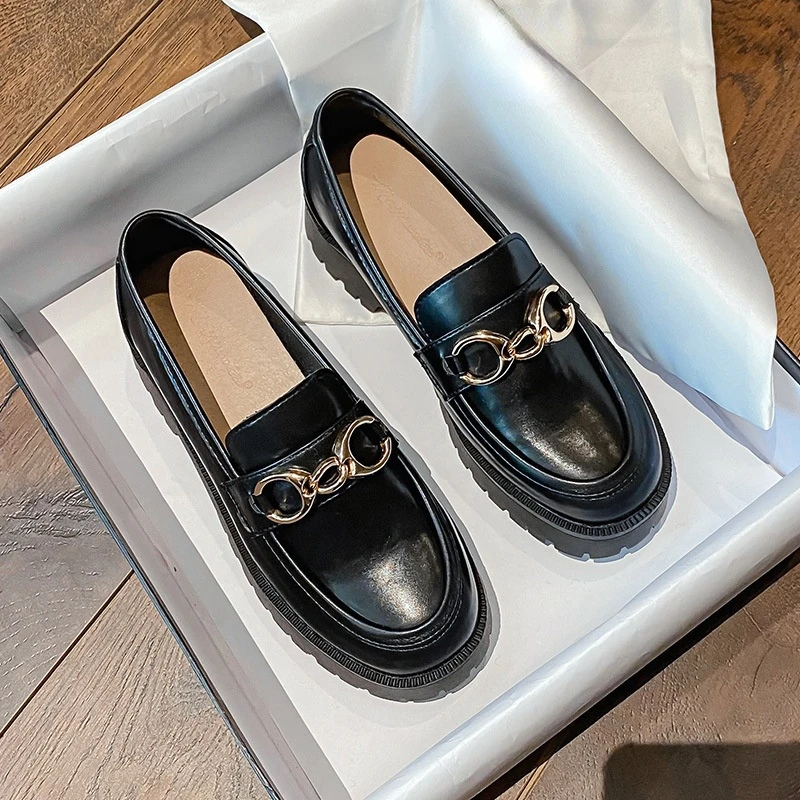 2024 Fashion Women Flat Loafers Shoes  Thick Platform Black Shoes Round Toe Spri - £150.14 GBP