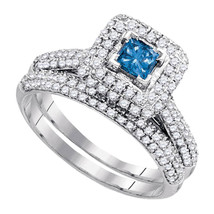 14k White Gold Princess Blue Diamond Bridal Wedding Engagement Ring Set 1-1/4 - £1,018.02 GBP