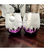 HALLOWEEN Haunted House Graveyard Frosted Stemless Wine Glasses Purple 2pc - $42.99