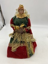 Vtg  Victorian Christmas Angel Tree Topper Red Green, And Gold Velvet Dress 13” - £15.94 GBP
