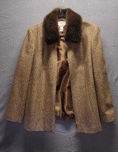 Vtg TALBOTS size 14 Brown Herringbone Tweed Zip front Jacket Faux-Fur Collar - £28.73 GBP