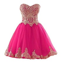 Short Gold Lace Tulle Knee Length Corset Prom Homecoming Dresses Fuchsia Custom  - £102.84 GBP