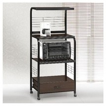 Brown Wood Black Metal Microwave Cart Kitchen Storage Shelf Rolling Stand Rack - £181.87 GBP