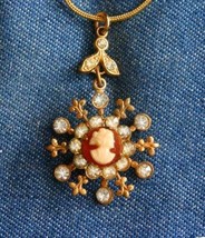 Crystal Rhinestone Goldtone Cameo Victorian StylePendant Necklace 1950s ... - $14.95