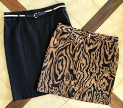 Lot (2) CHAPS Stretch Cotton Pencil Skirts: Belted Black/Brown Animal Pr... - $29.30