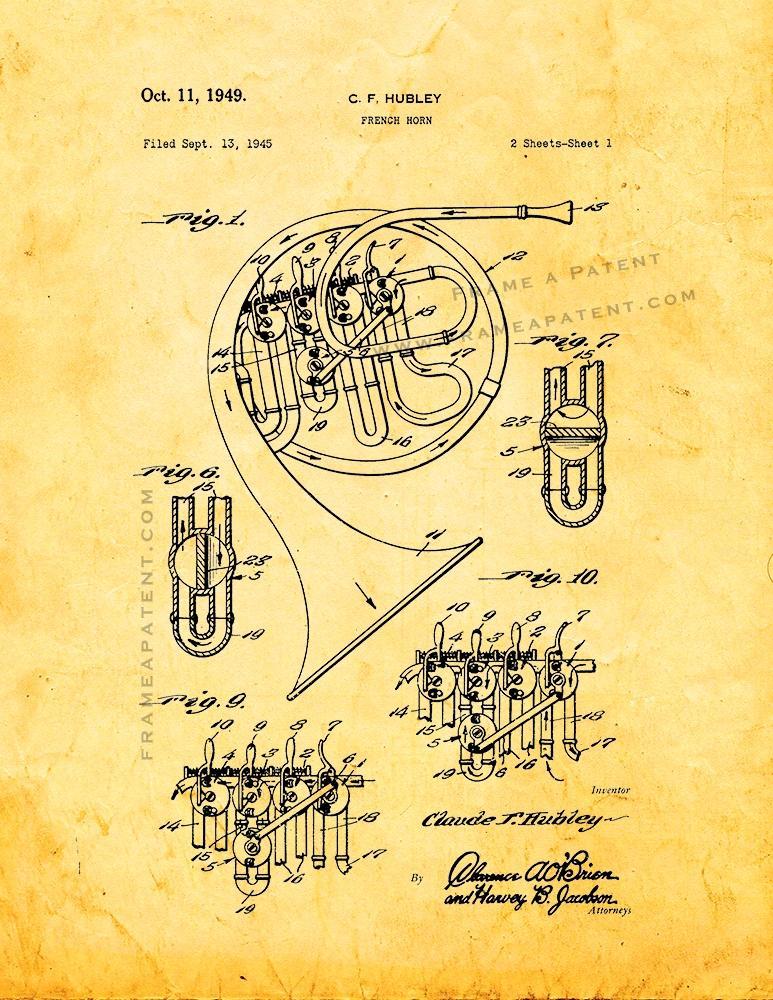 French Horn Patent Print - Golden Look