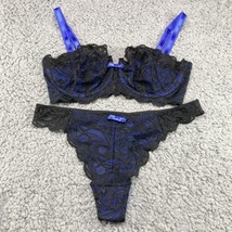 Adore Me Push Up Bra Pantie Set Hannah Blue Black Unpadded Underwire 32DD 1316 - £21.95 GBP