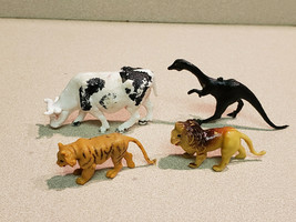 Vintage Set of Four Hard Plastic Animals Cow, Lion, Tiger &amp; Dinosaur Hong Kong - £5.87 GBP