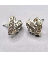 Signed Roman Petite Knot Heart Shaped Pierced Earrings Rhinestones Silve... - £10.11 GBP