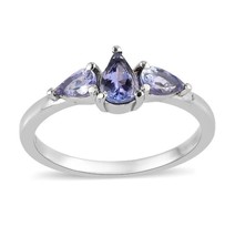 Natural Tanzanite Engagement Ring, Pear Shape Three Stone 14K White Gold Plated - £50.92 GBP