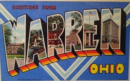Greetings From Warren Ohio Large Big Block Letter Postcard Linen Unused OH - £5.15 GBP