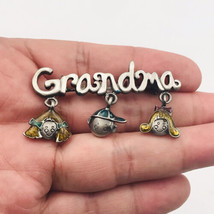 Grandma Pin Brooch w/ 2 Girls &amp; 1 Boy Hanging Enamel Heads 2 1/8&quot; x 1 1/8&quot;  - £7.32 GBP