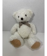 Dakin plush beanbag white shaggy teddy bear vintage brown gingham plaid bow - $19.79