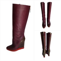 Jil Sander Leather Tall Knee Hi Back Zip Wedge Burgundy Boots 38 - $341.55
