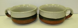 Pair 2 Handmade Stoneware Pottery Bowls Handle Brown &amp; White Stripes Uns... - £10.97 GBP