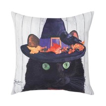 Halloween Black Cat In A Witch Hat Indoor Outdoor Decorative Pillow 18&quot; x 18&quot; - £20.31 GBP