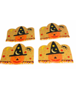 Vtg Halloween Witch Hat Pumpkin  Candy Corn Bat Vinyl Table Placemats Se... - £26.50 GBP