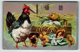 Easter Postcard Rooster Hen Baby Chicks Embossed 1910 Barn Hay Stacks Vintage - £6.03 GBP