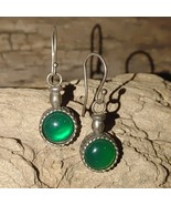 Vintage Sterling Silver Green Glass Dangle Earrings Round Bezel Settings... - £41.91 GBP
