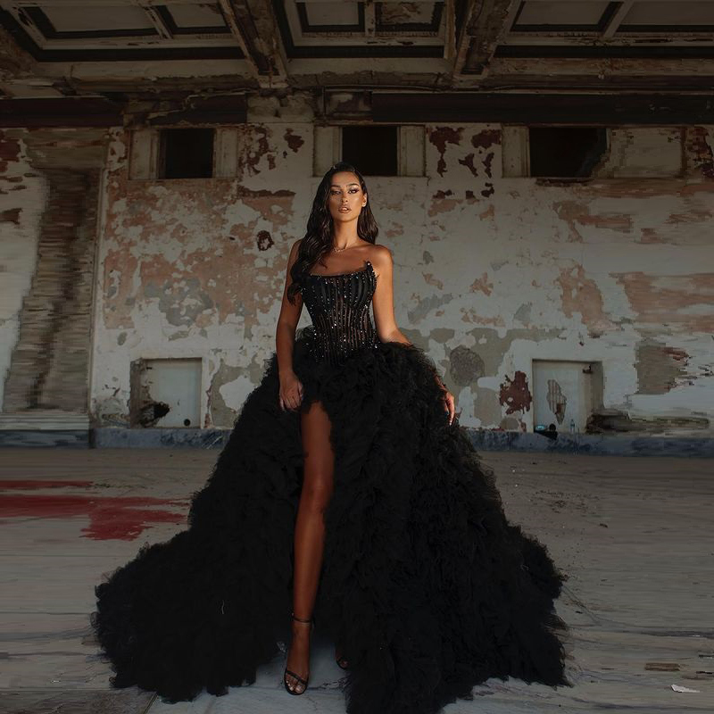 Sexy Ball Gown Thigh-High Slit Dress Luxurious Layers Tulle Cathedral Train Even