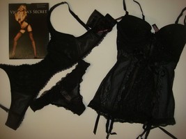 Victoria&#39;s Secret M bra SLING+S thong+34B GARTER SLIP/bustier Black lace... - $169.99