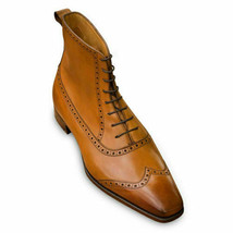 Men&#39;s Brown Wing Tip Lace Up Formal Leather High Ankle Handmade Dress Boots - £127.86 GBP+