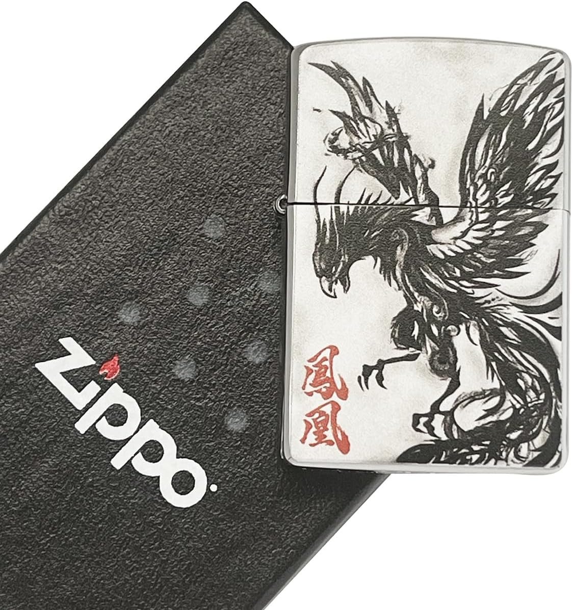 Phoenix Black Ink Painting Fire Bird Japanese Pattern Zippo Oil Lighter MIB - $54.35