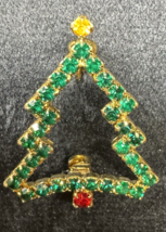 Vintage Rhinestone Christmas Tree Brooch Green Red Gold Tone Holiday Pin - $16.82