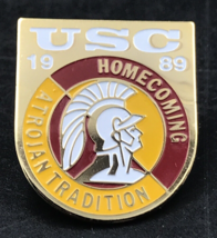 Vintage 1989 USC Trojans Homecoming Tradition Pin 7/8&quot; x 1&quot; Cardinal &amp; Gold - £11.14 GBP