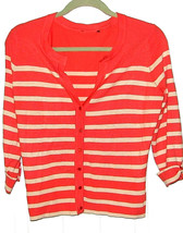 Women&#39;s Cardigan Sweater Orange White Striped Short Sleeve Button Front Medium - £7.36 GBP