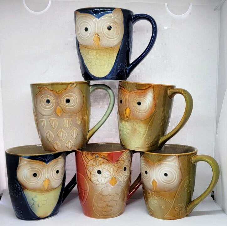 Set of Six Gibson ELITE COUTURE Coffee Cups Mugs OWL CITY Ceramic Raised Relief - £38.28 GBP