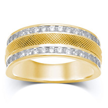 14kt Yellow Gold Mens Round Diamond Double Row Textured Wedding Band Ring - £1,778.96 GBP