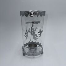 Silver Angel Tea Light Candle Carousel Spinner Glass Hurricane Decor - $22.00