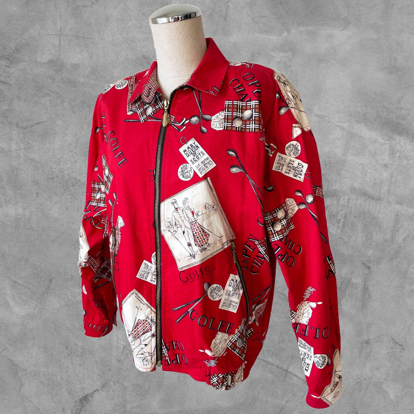 St Andrew Scotland Golf Print Vintage Jacket Red/Tan Collared - Women&#39;s ... - $61.70